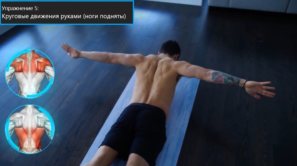 Упражнение 5: Круговые движения руками (ноги подняты)