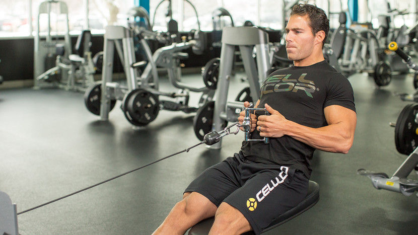 тяга нижнего блока к поясу сидя узким хватом